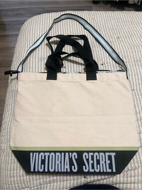 Victoria's Secret Cream Cooler Canvas Tote with Black Trim and Green Accent